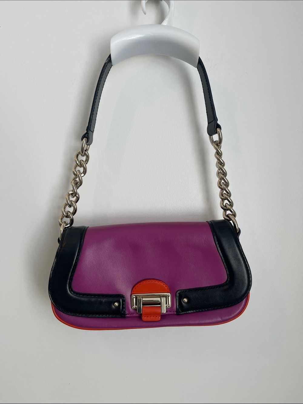 Colorblock Leather Shoulder Bag in Purple, Black & Orange